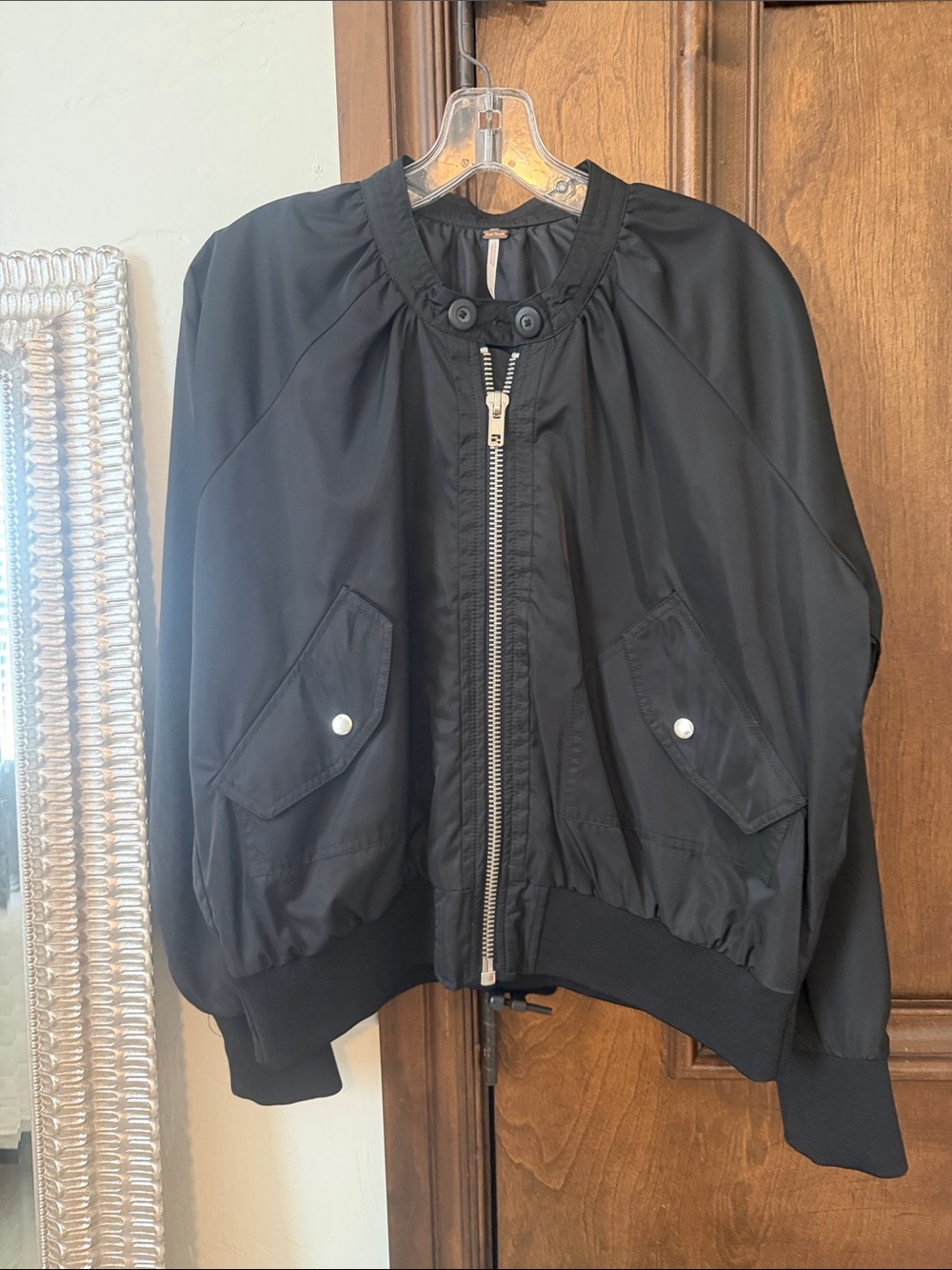 Free People Black Bomber Jacket with Front Zip